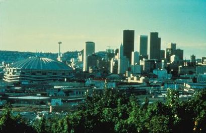 Seattle skyline in 1981 as seen from Beacon Hill. The Kingdome, demolished in March 2000, features prominently in the foreground. 