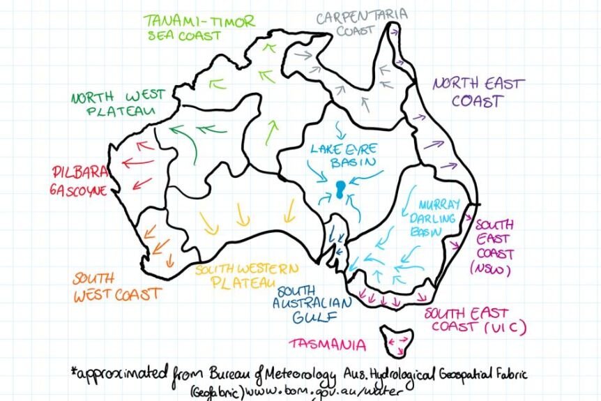 Australia's topographical drainage divisions adapted from the BOM's hydrological geospatial fabric (Geofabric) map. (ABC Weather: Kate Doyle)