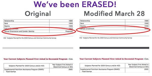 Graphic showing the removal of Sexual Orientation and Gender Identity from the proposed sections of the 2020 Census
