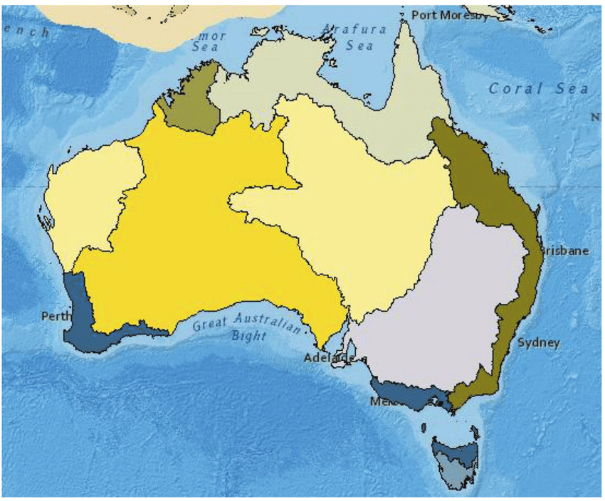 Freshwater ecoregions in Australia. Ecoregions are represented by different shading. Source: Freshwater Ecosystems of the World (http:// www.feow.org./ ) and Abell et al. (2008).